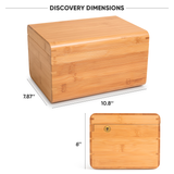 Blue Bus Fine Tools DISCOVERY Bamboo Storage Stash Box, Front and Top View with Dimensions