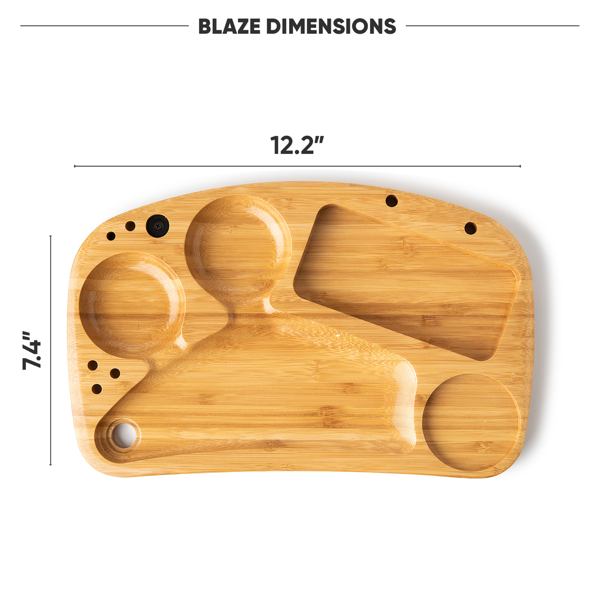 BLAZE Wooden Stash Rolling Tray by Blue Bus with compartments, top view on white background
