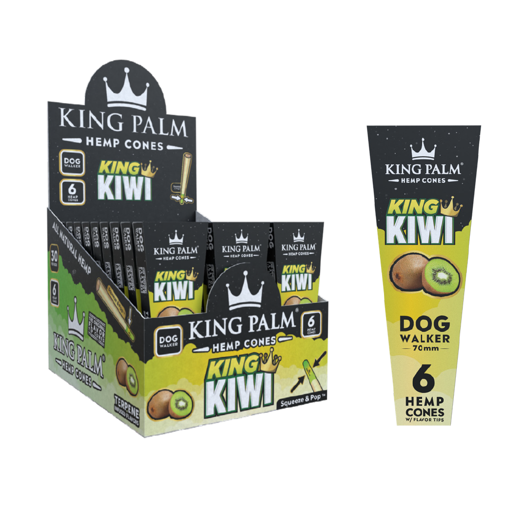 King Palm Dog Walker Kiwi Flavored Hemp Cones Display Box and Single Pack