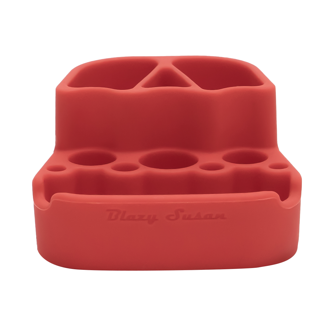 Blazy Susan red spinning rolling tray with multiple compartments, front view