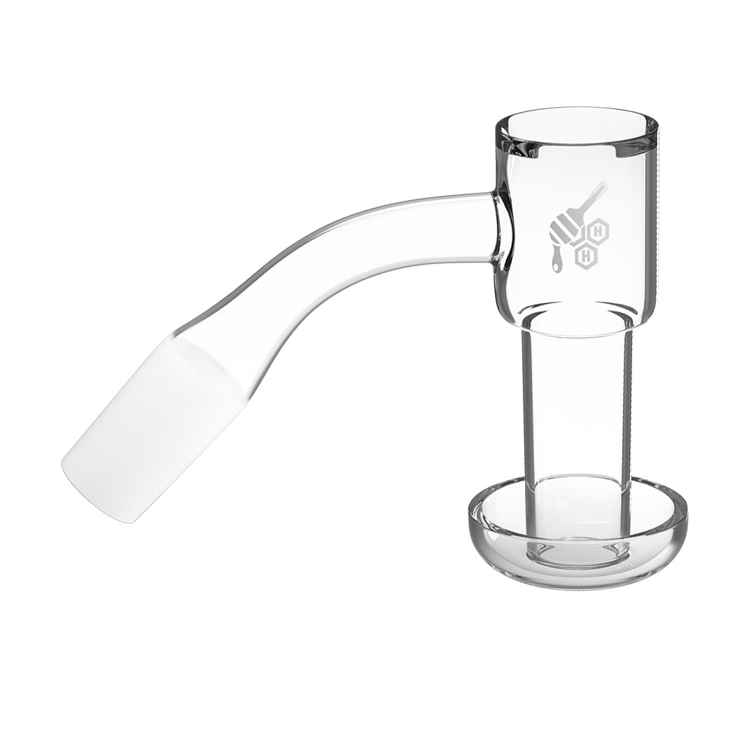 Honeybee Herb Yellow Line Quartz Banger, Clear, Side View on Seamless White