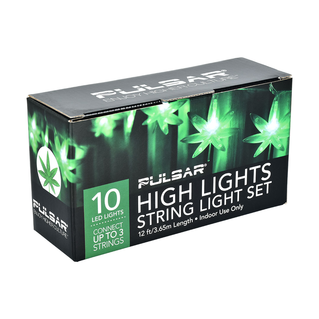 Pulsar High Lights LED String Set with Hemp Leaf Design on Packaging