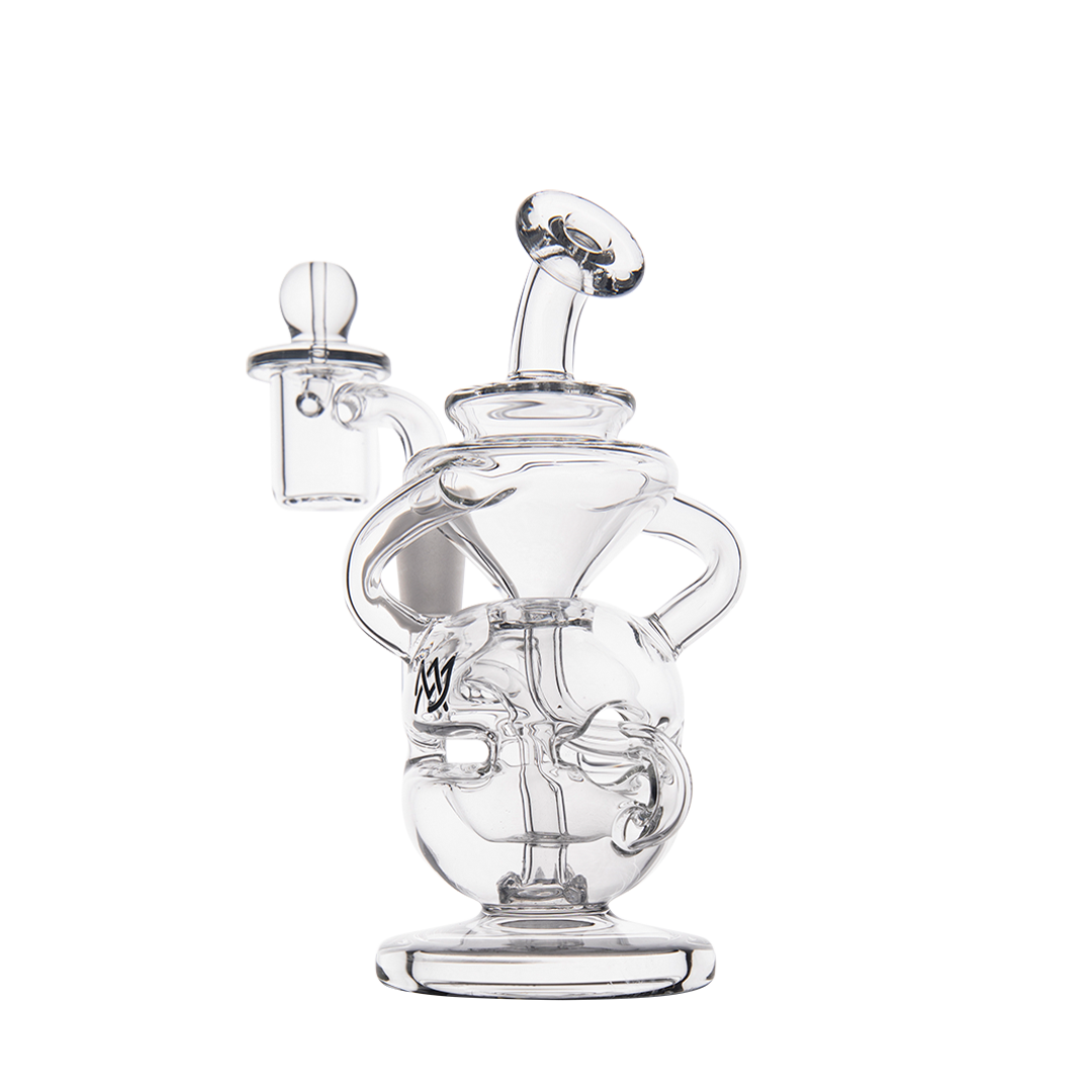 MJ Arsenal Infinity Mini Dab Rig with clear borosilicate glass, 90-degree banger hanger, front view
