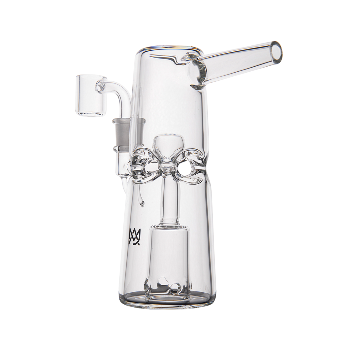 MJ Arsenal Turret Mini Dab Rig with Clear Quartz Bucket - Angled View on Seamless White
