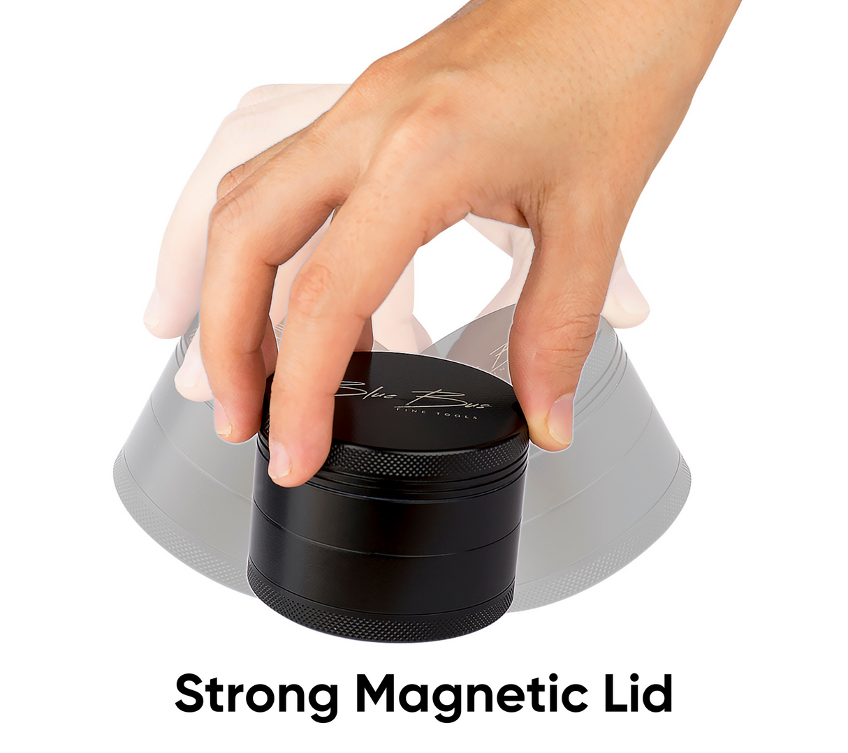 Close-up of Black Z1 2.5" Ceramic Grinder by Blue Bus with Strong Magnetic Lid in Hand