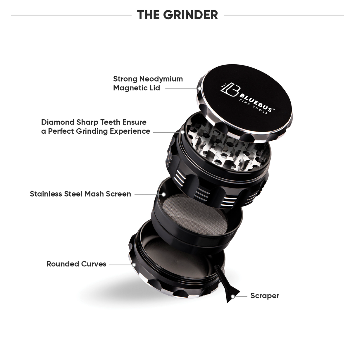 Blue Bus Fine Tools GENESIS 4-Part Grinder, Black with Neodymium Lid, Sharp Teeth, and Scraper
