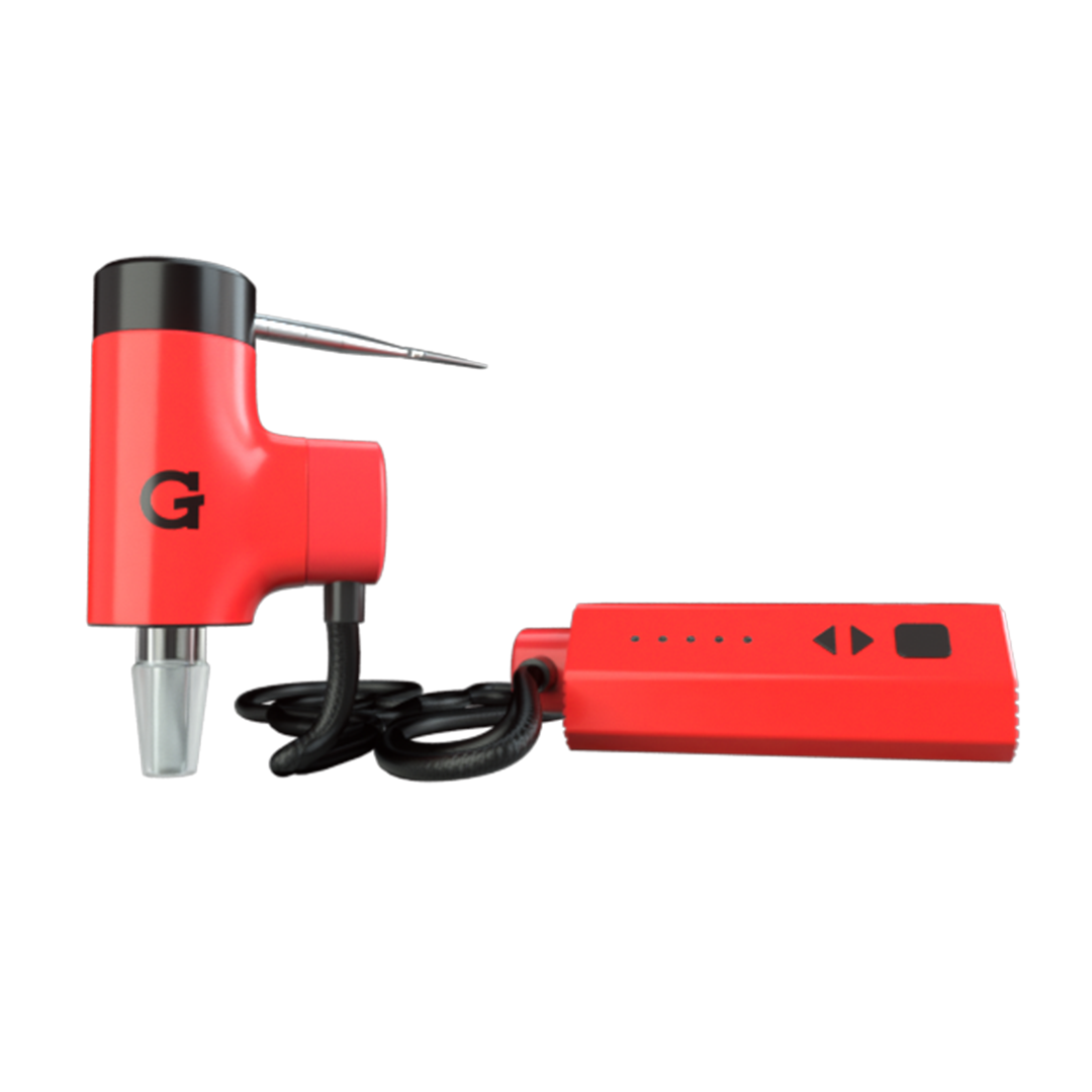 GPen Hyer Vaporizer by Grenco Science in red, side view with power bank and cable, portable design