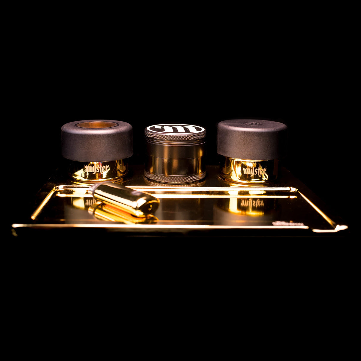 Myster 24k Stashtray Bundle - Sleek Black & Gold Rolling Tray with Accessories