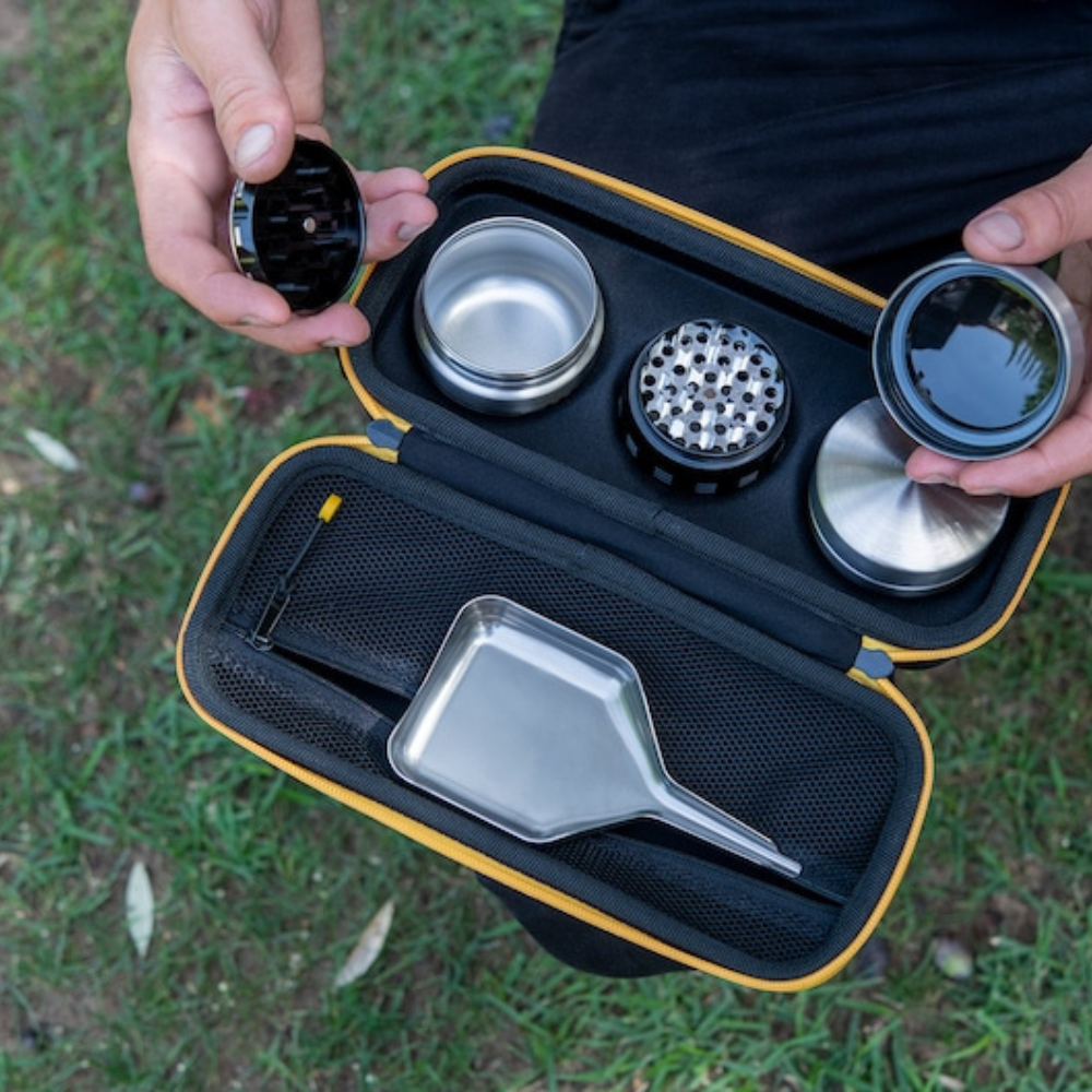 Silver TIGER pre-rolled cone loader kit by Blue Bus fine tools, portable design, shown with grinder and tray