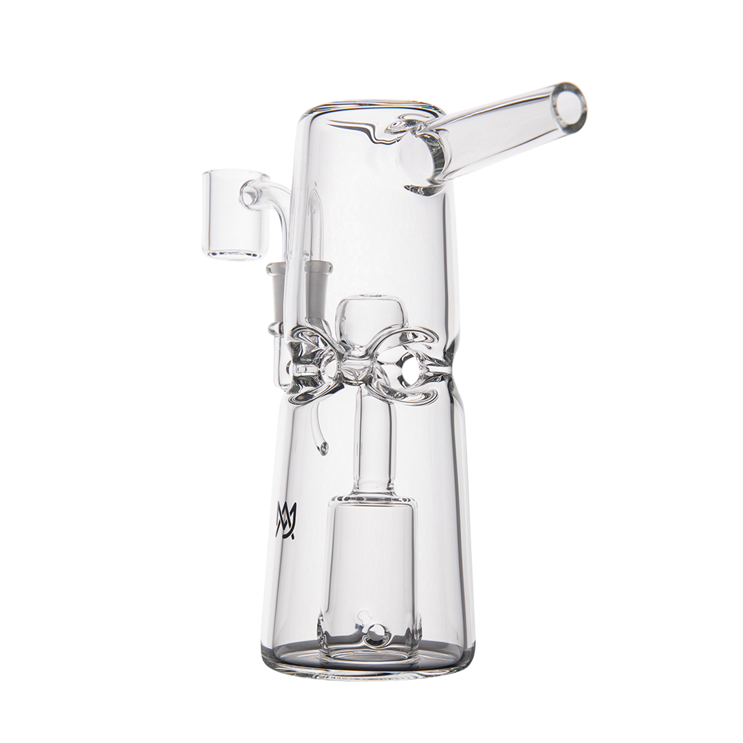 MJ Arsenal Turret Mini Dab Rig with quartz bucket, front view on white background