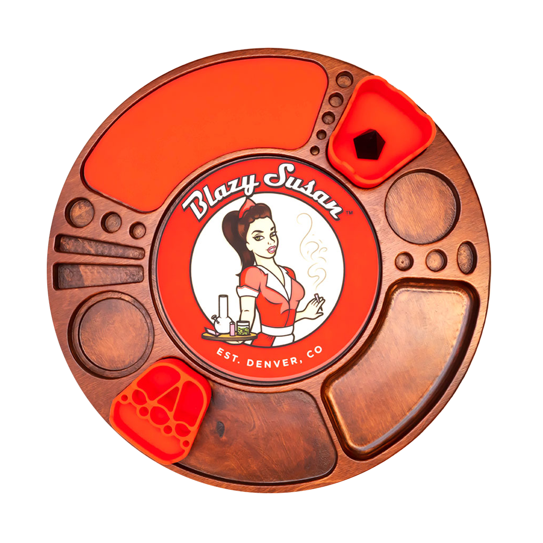 Blazy Susan Spinning Rolling Tray in Cherry Red with Multiple Compartments - Top View