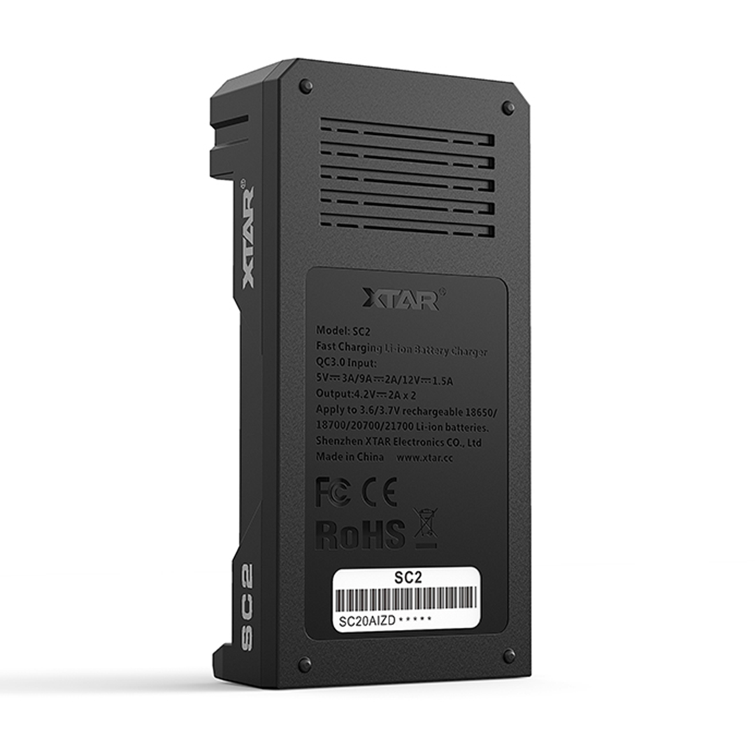 XTAR SC2 Dual Battery Charger - Angled Side View on White Background