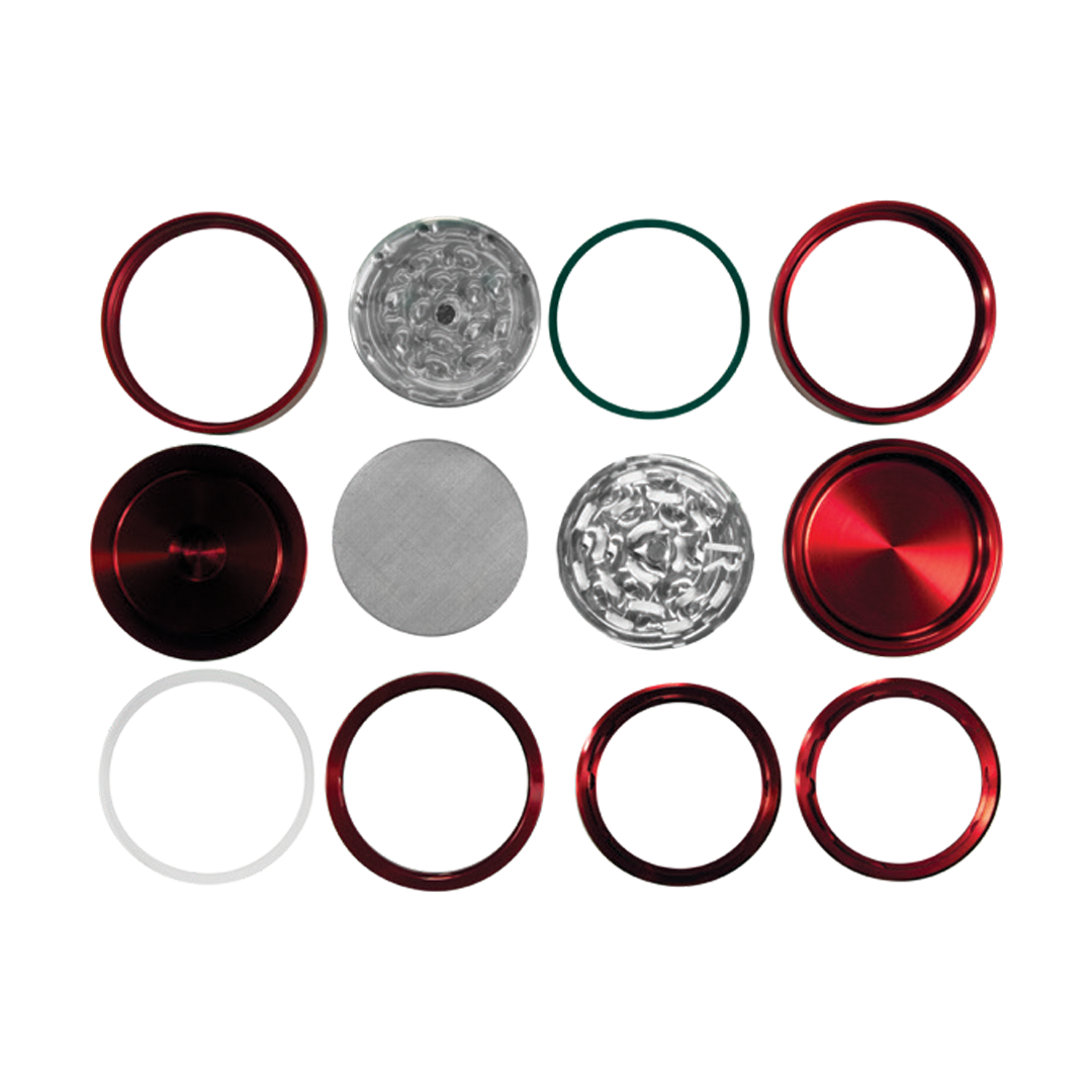 RAW Modular Life Grinder pieces displayed, 4-Piece 2.25" Aircraft Aluminum, with Cleaning Tool