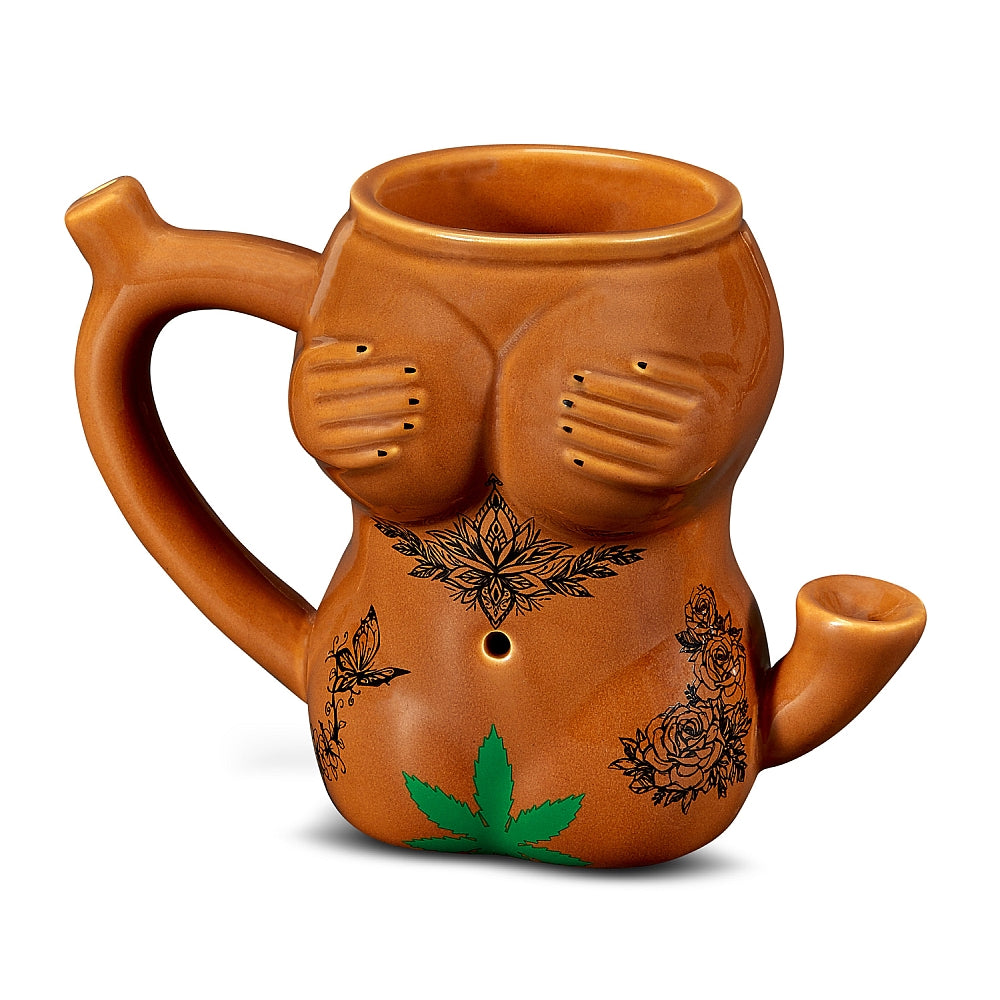 FashionCraft Tattoo Girl Mug Pipe - Front View - Intricate Design with Leaf Accent