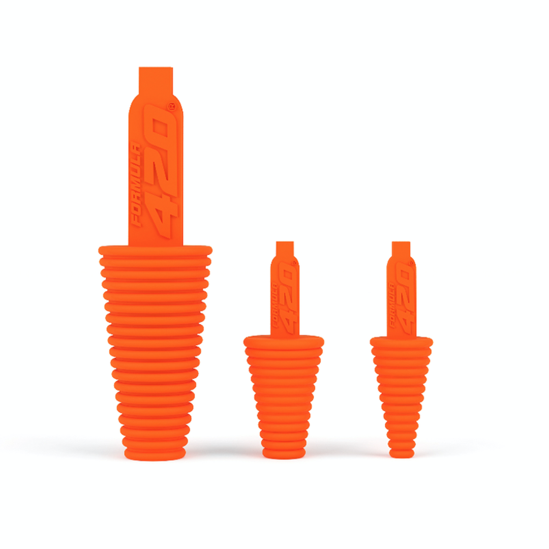 Formula 420 Cleaning Plugs in three sizes for bong maintenance, front view on white background