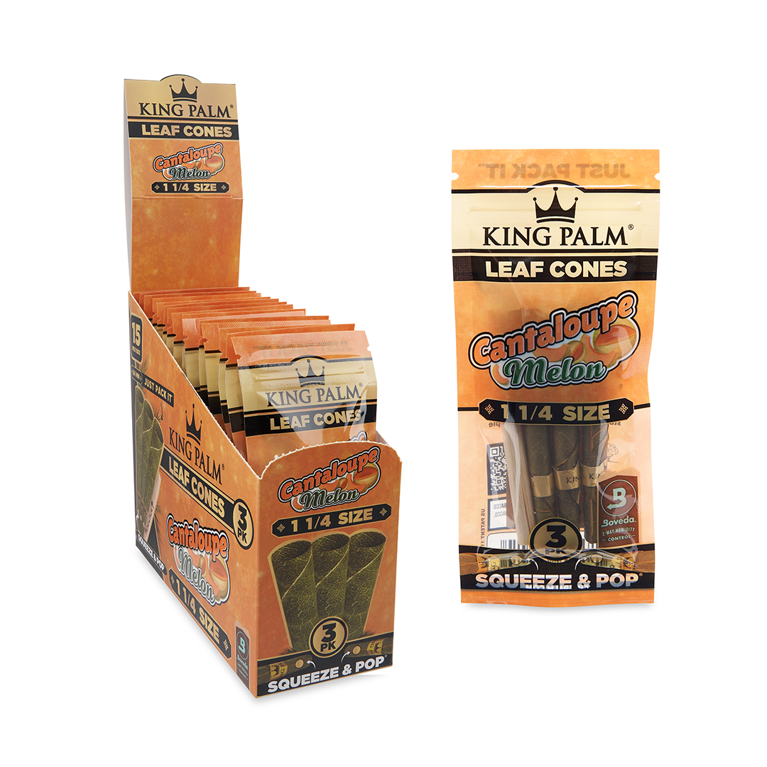 King Palm Tobacco-Free Leaf Cones 15pk with Dragon Fruit & Cantaloupe flavors, displayed in packaging