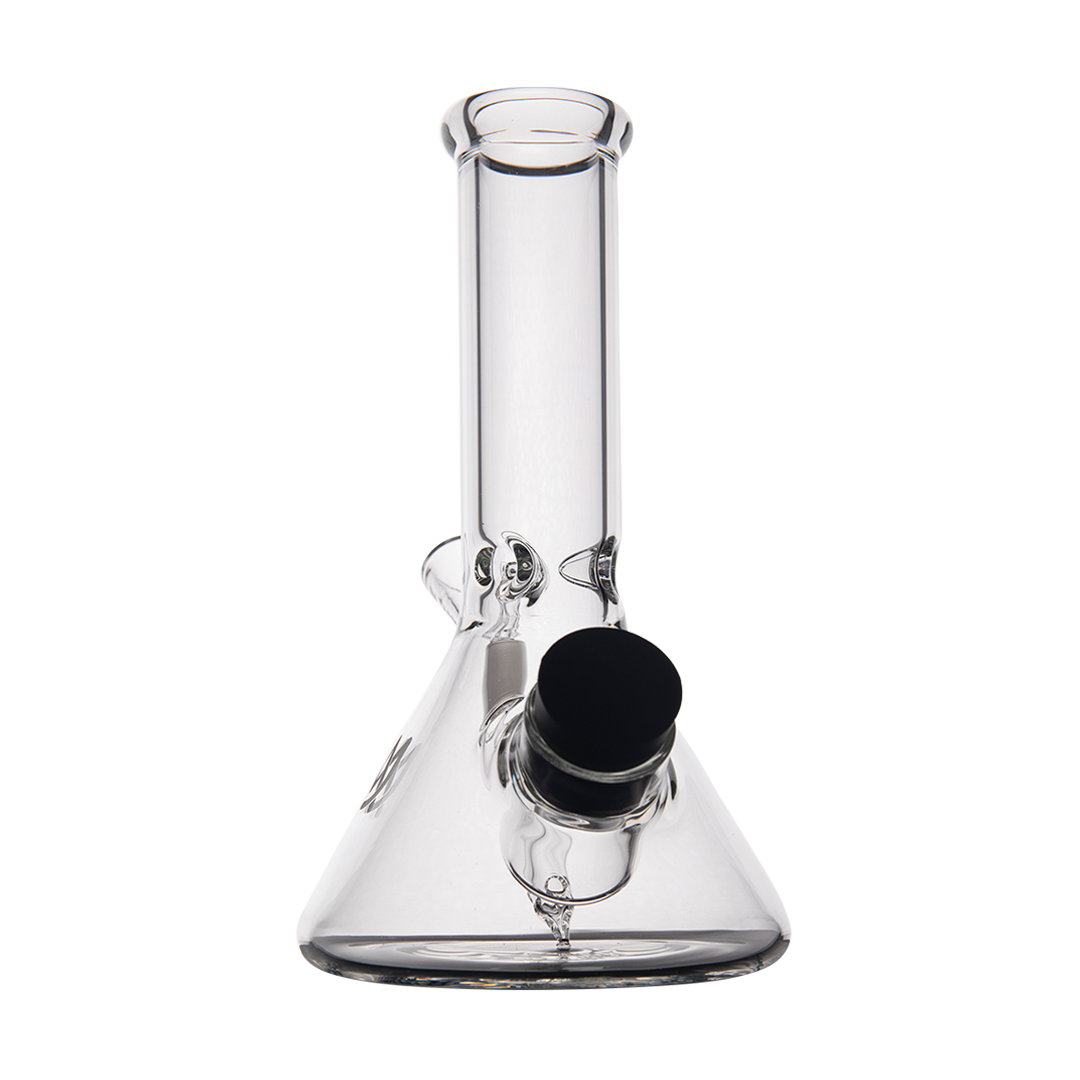 MJ Arsenal Cache Bong in clear borosilicate glass, compact beaker design with 45-degree joint, front view