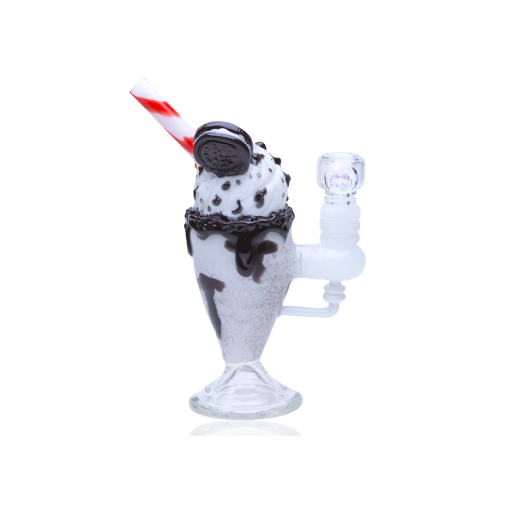 Empire Glassworks Mini Rig 'Chocolate Cookie Sundae Float' with detailed glass art, front view