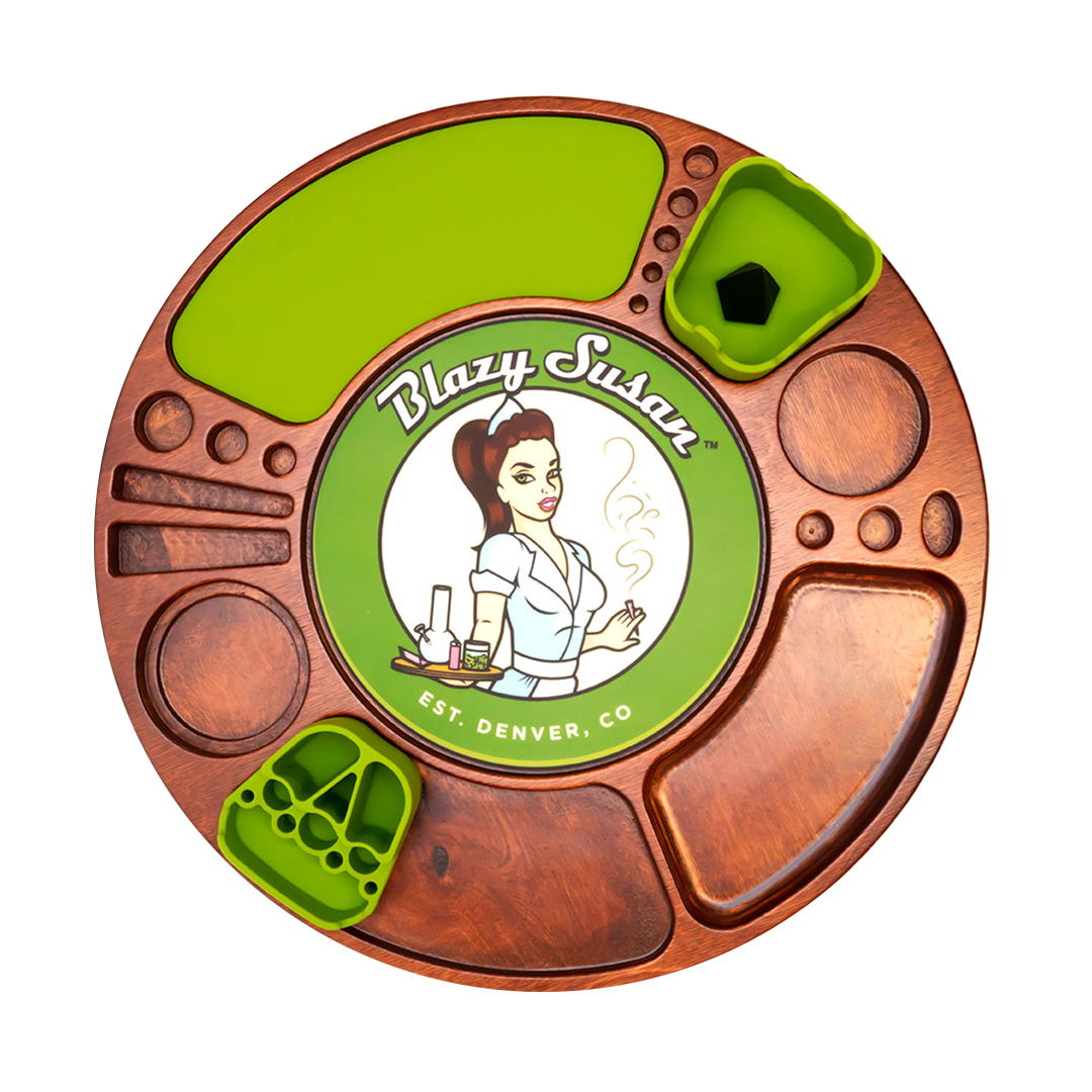 Blazy Susan Cherry-Green Spinning Rolling Tray with multiple compartments, top view