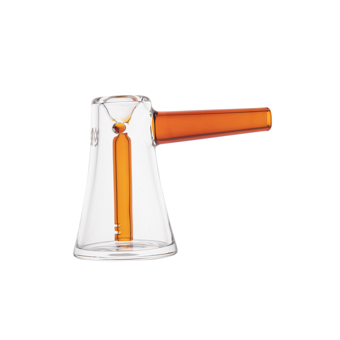MJ Arsenal Vulkan Bubbler in Amber, clear glass with side-mounted mouthpiece, compact design