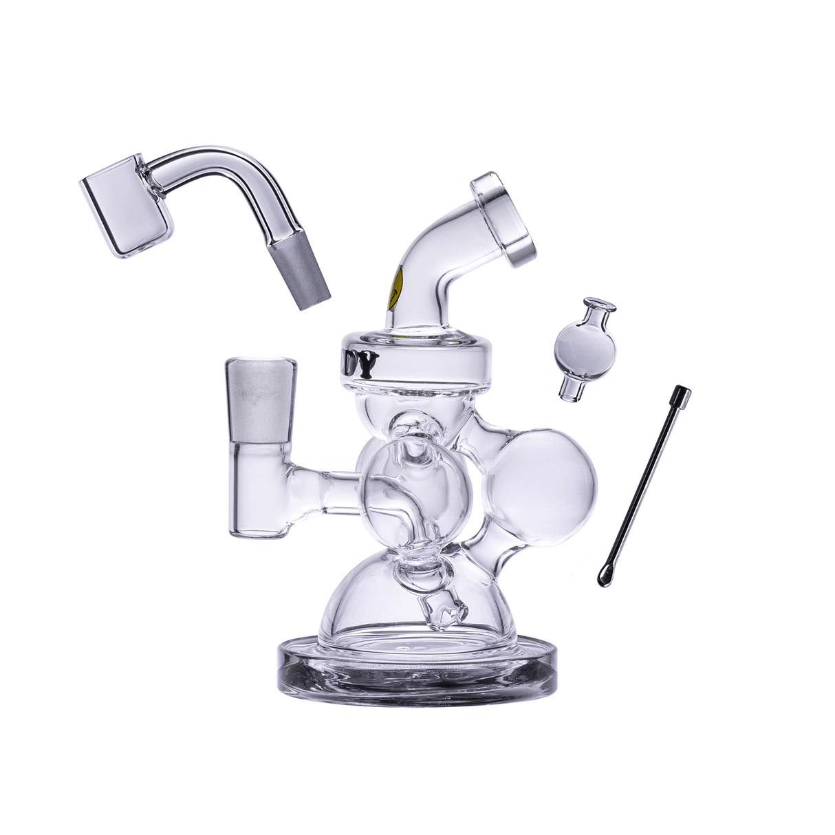 Goody Glass Atom Mini Dab Rig Kit, clear variant, with quartz banger and dab tool