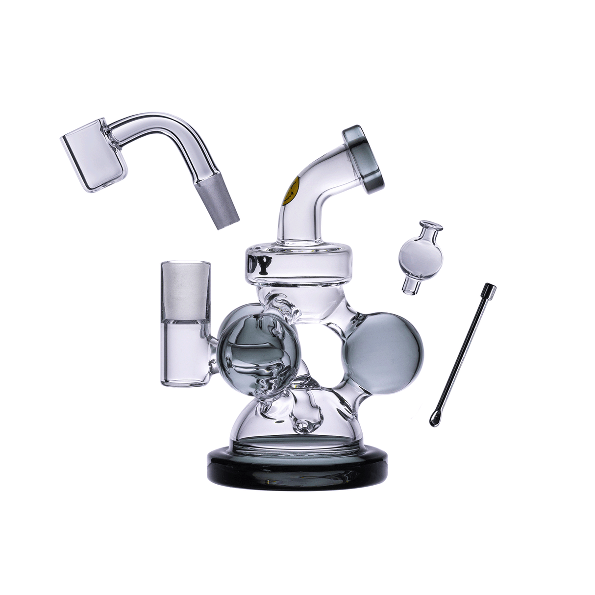 Goody Glass Atom Mini Dab Rig 4-Piece Kit in Smoke with Quartz Banger and Tool