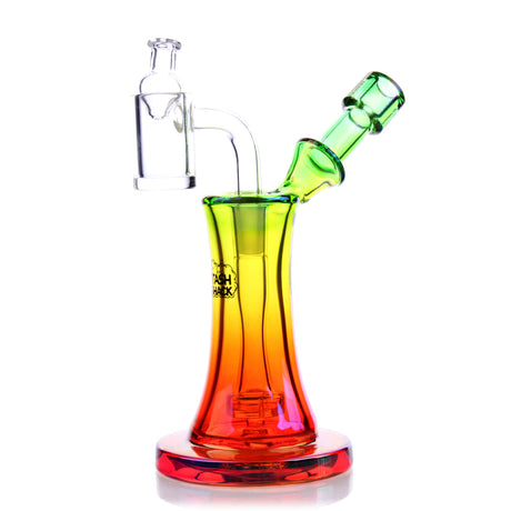 Aurelia Mini Rig in Rasta colors, compact 5" borosilicate glass dab rig with 90-degree joint, front view