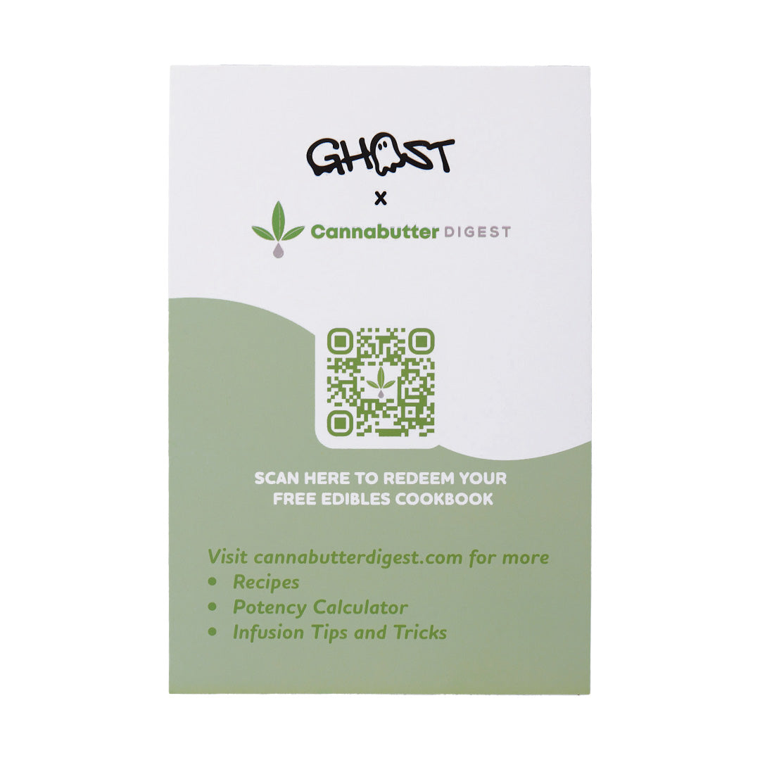 Levo Oil Ghost Infuser promotional card with QR code for a free edibles cookbook