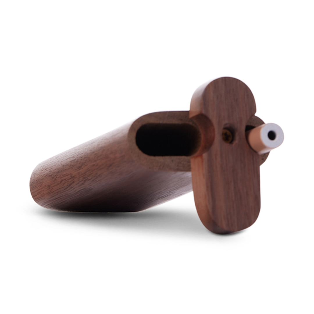 Bearded Distribution Wood Dugout with Glass One-Hitter, Angled Side View, Handcrafted in USA