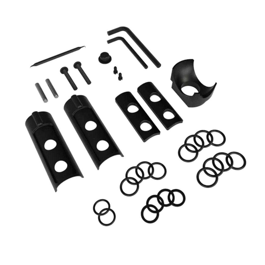 Stündenglass Maintenance Kits with various cleaning tools and replacement parts, top view on white background