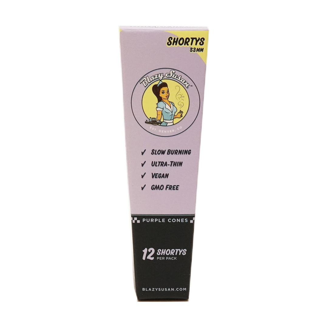 Blazy Susan Purple Paper Cones packaging, 53mm Shorts, 12-pack, front view on white background