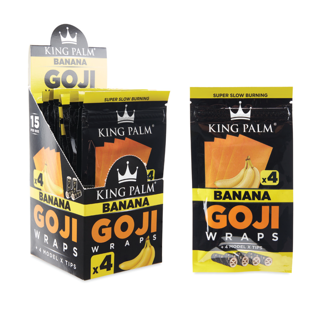 King Palm Exotic Goji Wraps in Banana flavor, front view of packaging with display box