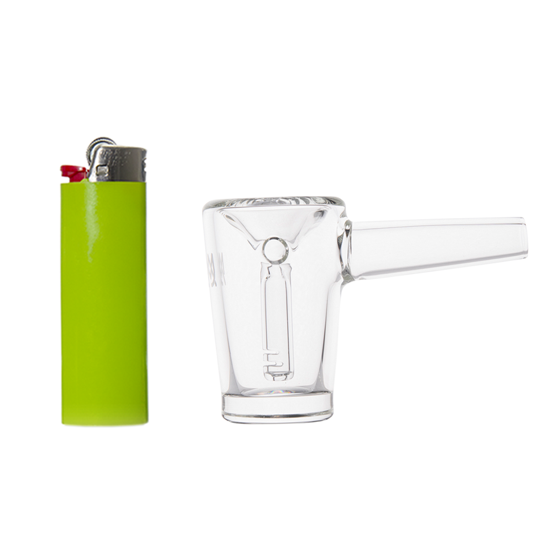 MJ Arsenal Basin Compact Bubbler front view with advanced water filtration next to green lighter