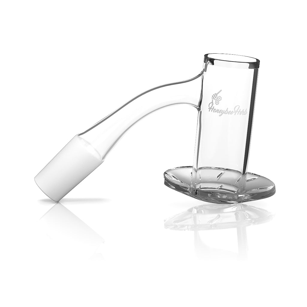 Honeybee Herb Beehive Quartz Banger at 45Β° angle, clear, for dab rigs, side view on white