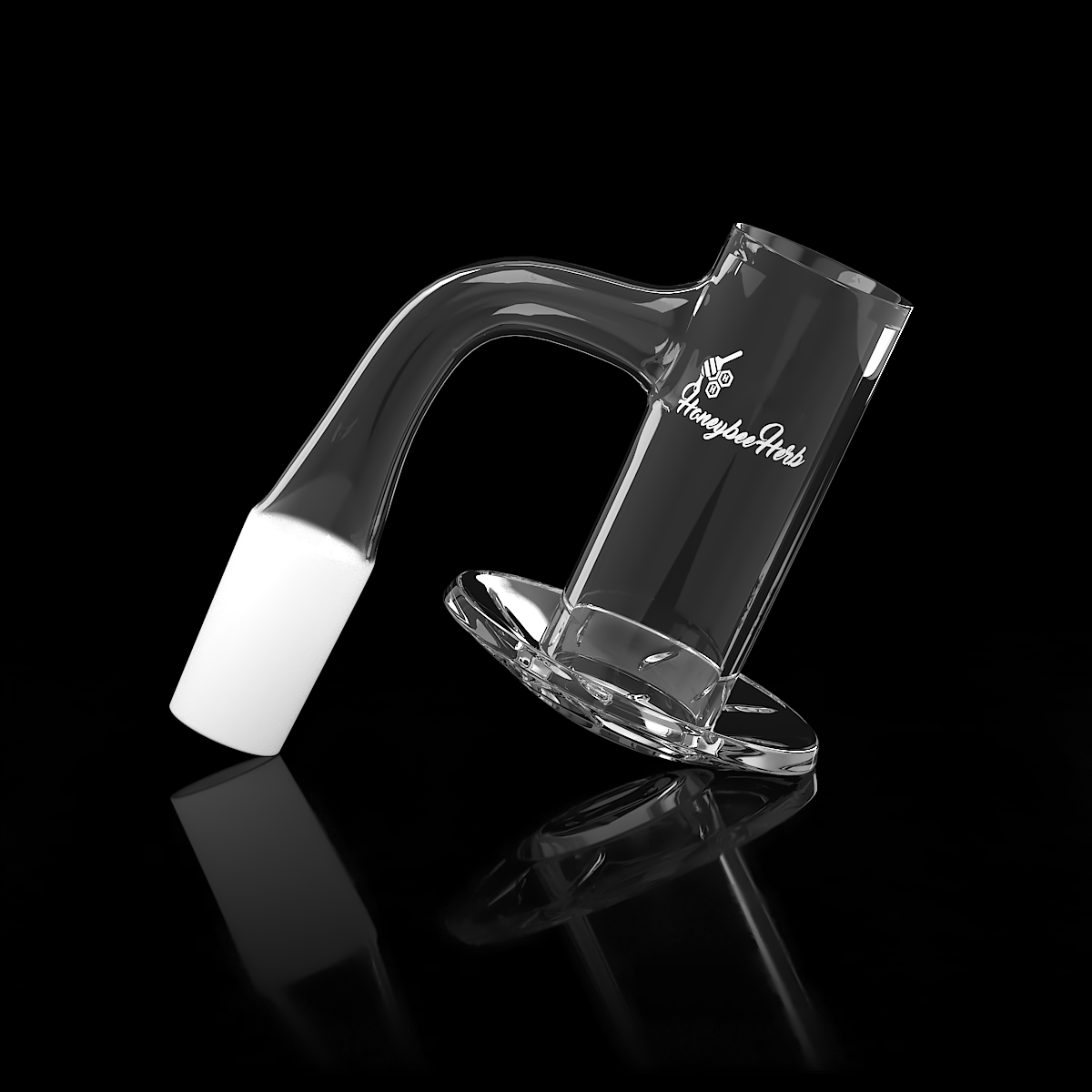Honeybee Herb Beehive Quartz Banger at 90Β° angle, clear, for dab rigs, side view on reflective surface