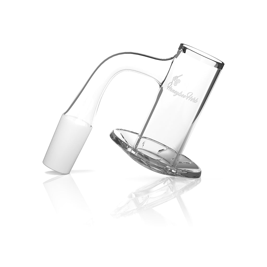 Honeybee Herb Beehive Quartz Banger at 90Β° angle, clear flat top design for dab rigs