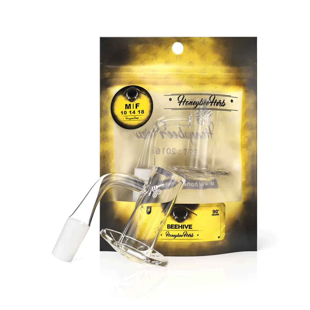 Honeybee Herb Beehive Quartz Banger at 90Β° angle, clear flat top design for dab rigs, on branded package