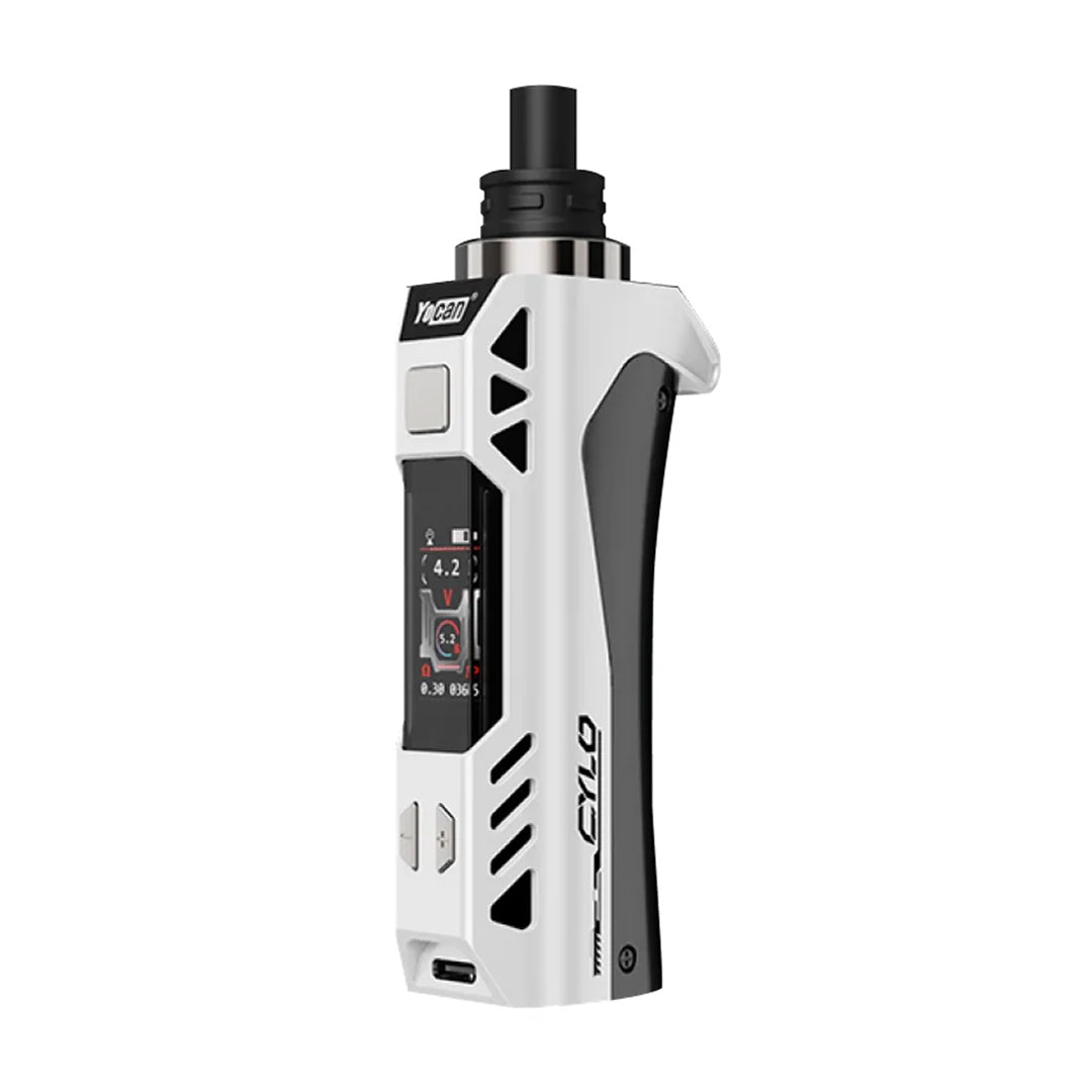 Yocan Cylo Vaporizer in White, Angled Side View with Digital Display and Controls