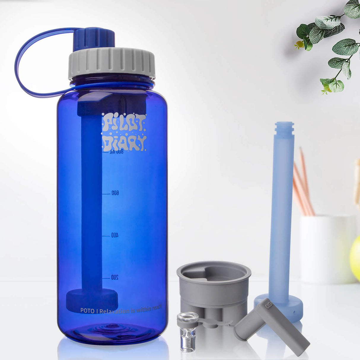 PILOT DIARY POTO Water Bottle Bong in Blue - Front View with Included Accessories