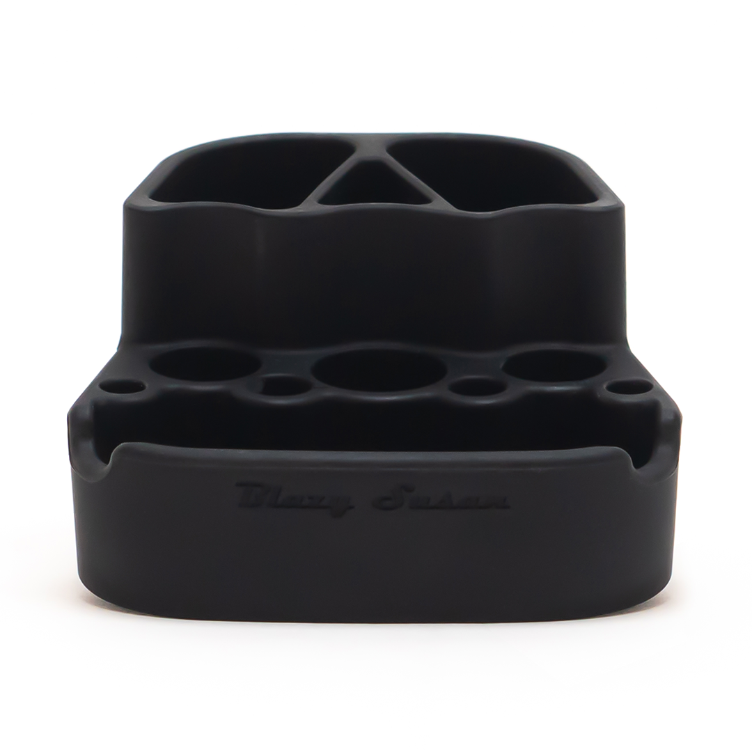 Blazy Susan black spinning rolling tray with multiple compartments, front view on white background