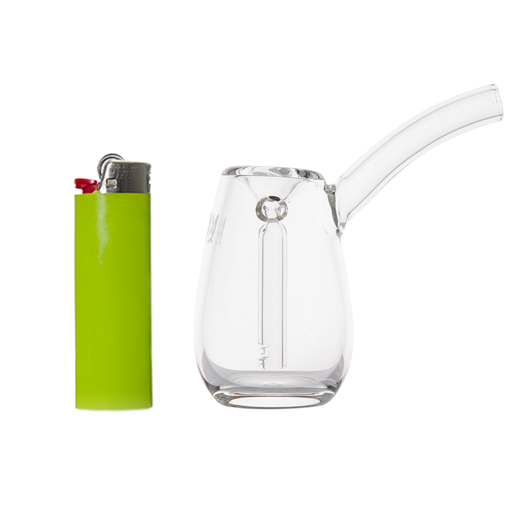 MJ Arsenal Bulb Mini Bubbler with neon lighter, front view, clear borosilicate glass, compact design