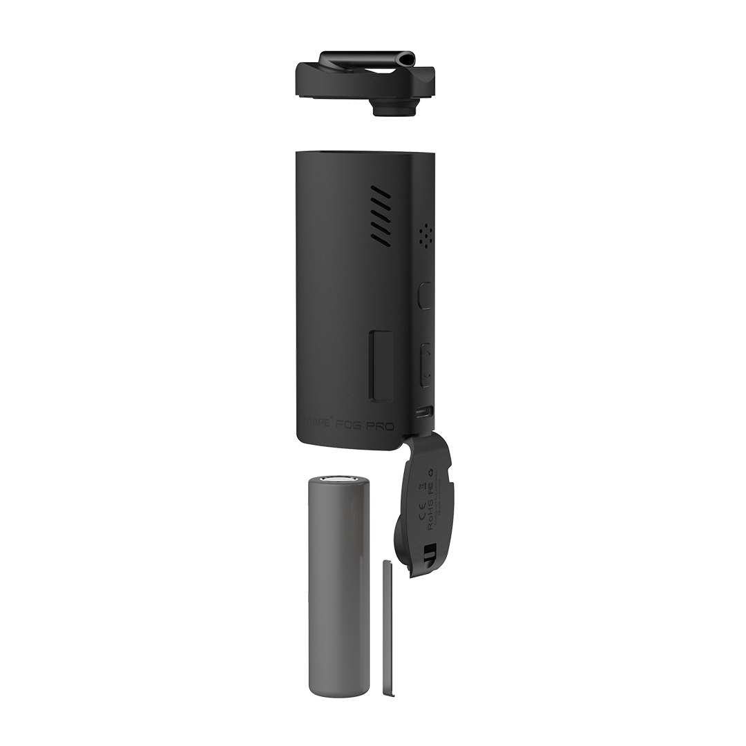 XVape Fog Pro Vaporizer in black with disassembled parts, front view on white background