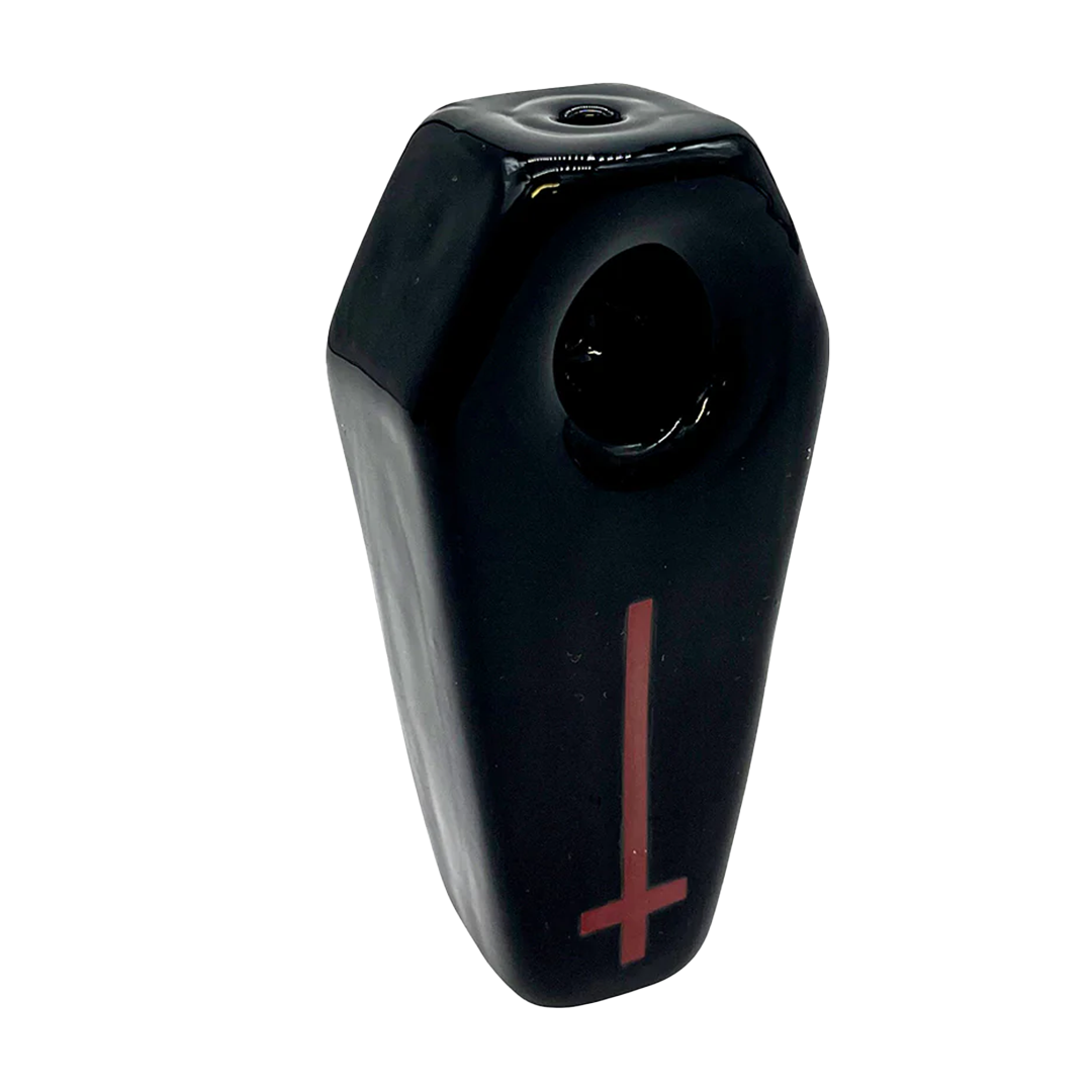 BlackCraft Cult Coffin Glass Pipe, 4.5" Gothic Hand Pipe Front View on White Background