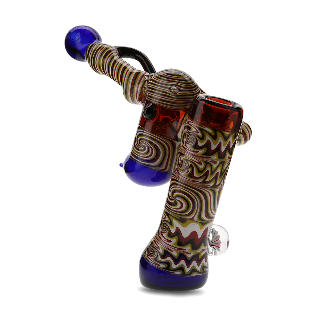 Medusa Customs 6" Angled Hammer Bubbler in Yellow-Blue, Side View with Intricate Design