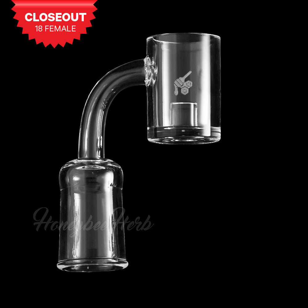 Honeybee Herb CORE REACTOR QUARTZ BANGER 90Β° with clear flat top design for dab rigs, side view on black