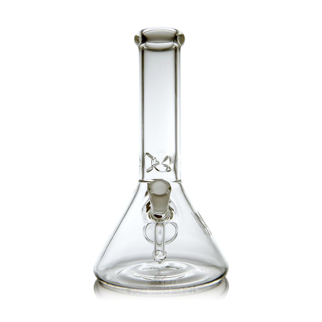 MJ Arsenal Cache Bong in clear borosilicate glass, compact beaker design, front view on white background
