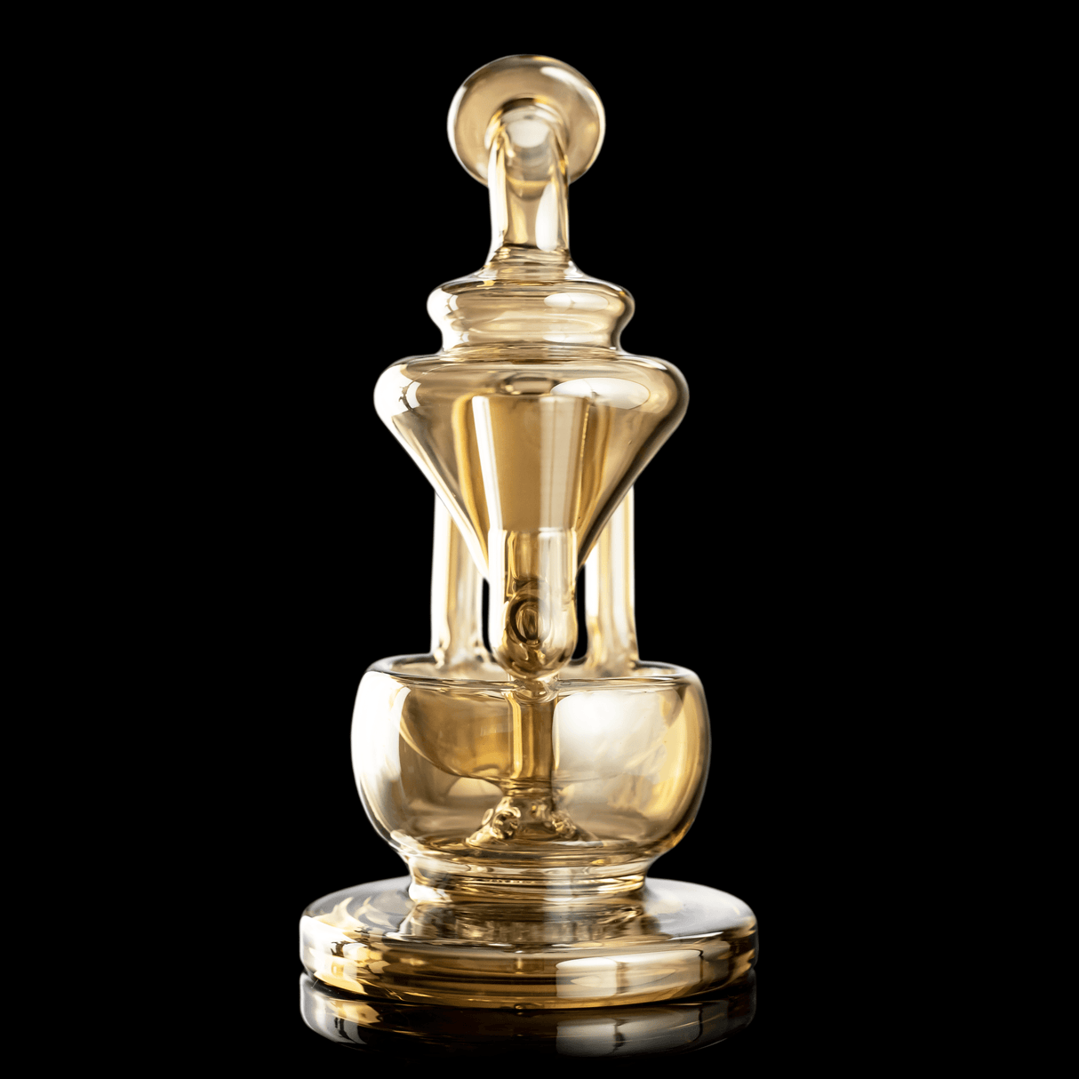 MJ Arsenal Gold Claude Mini Rig LE, compact and portable design, 90-degree glass joint, front view on black background