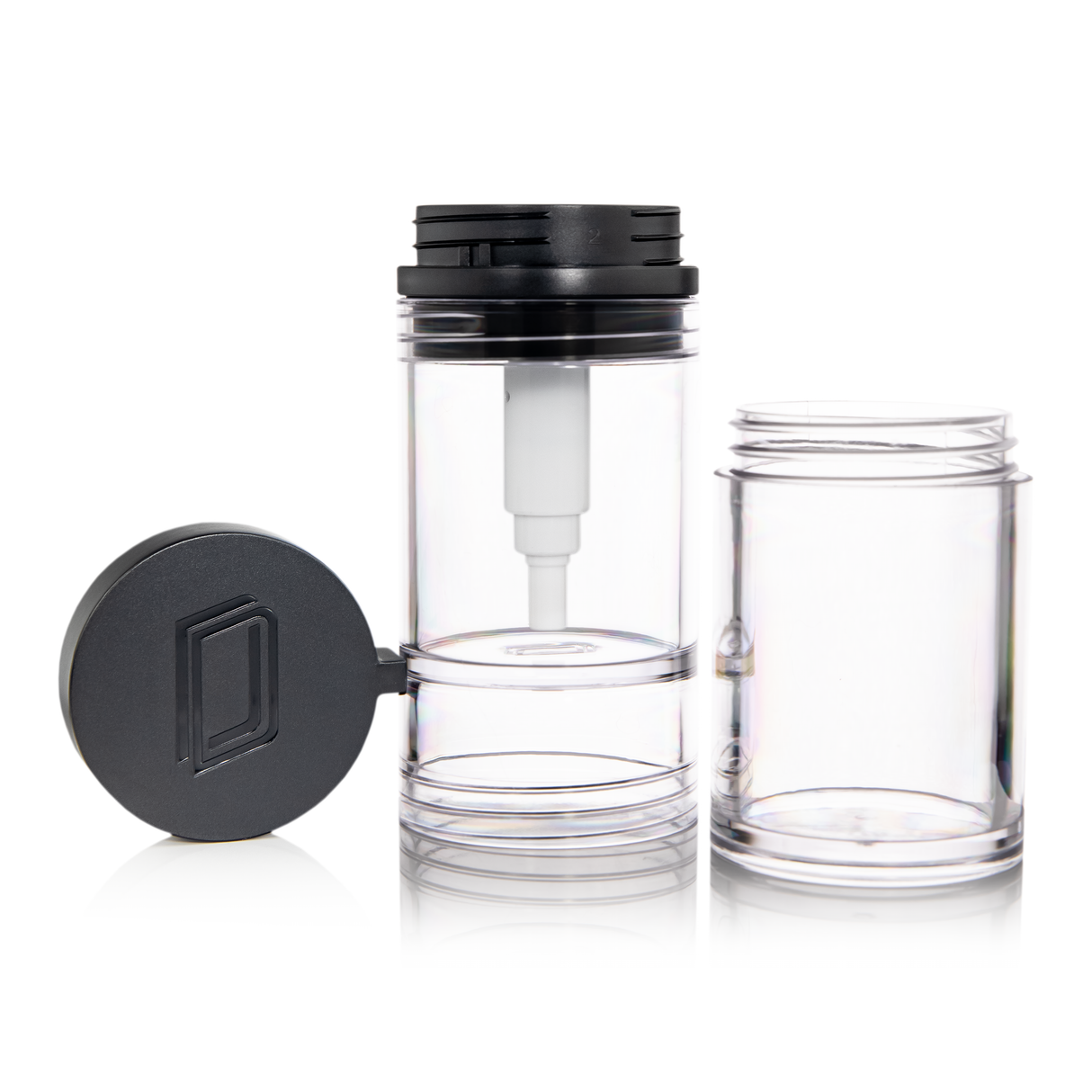 MJ Arsenal Clean Can - Clear 7oz ISO Pump Dispenser with Swab Storage, Front View