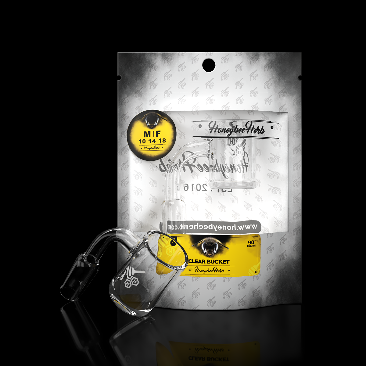 Honeybee Herb Clear Bucket Quartz Banger, 90 Degree Joint for Dab Rigs, Front View Packaging