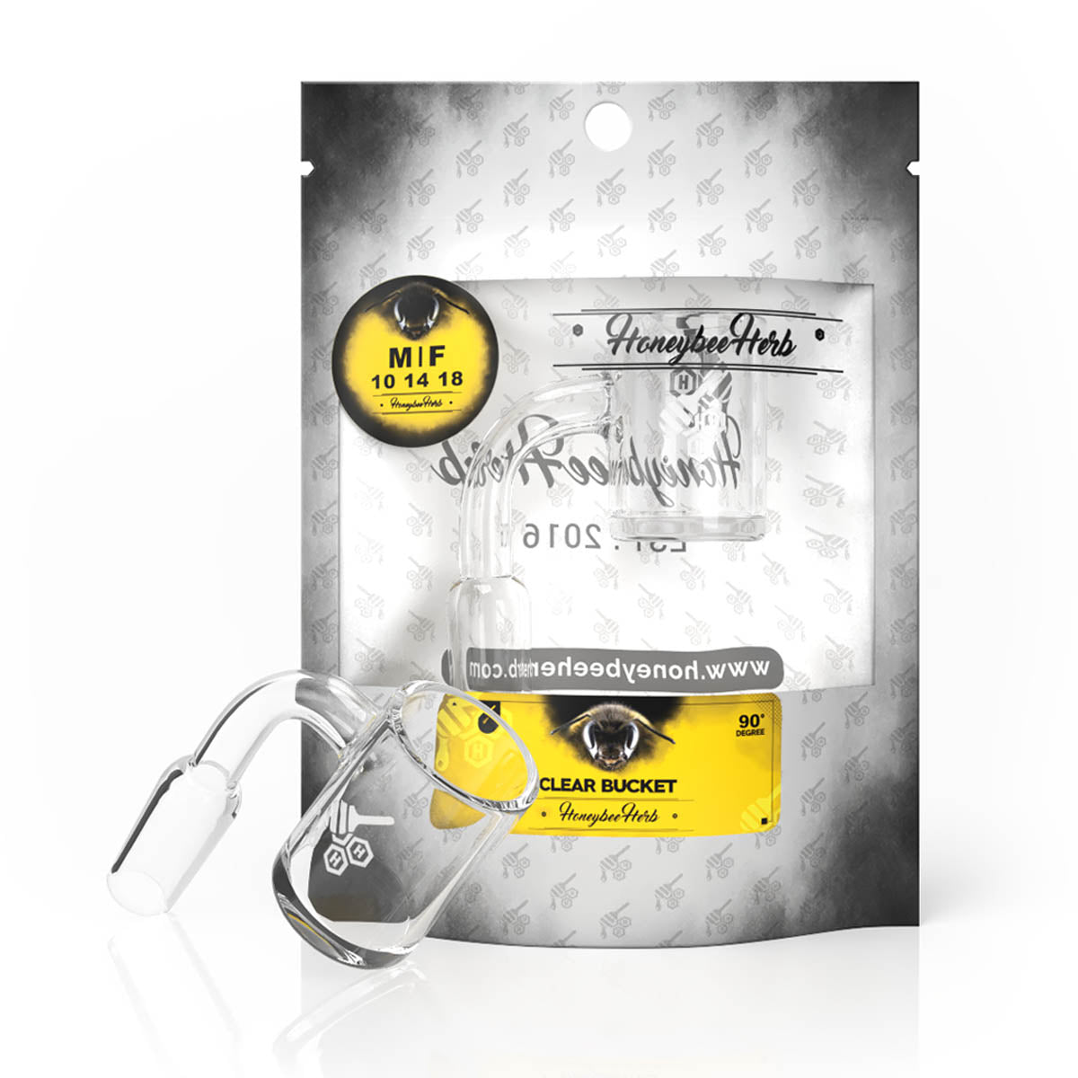 Honeybee Herb Clear Quartz Flat Top Banger, 90 Degree Joint, Packaged Front View